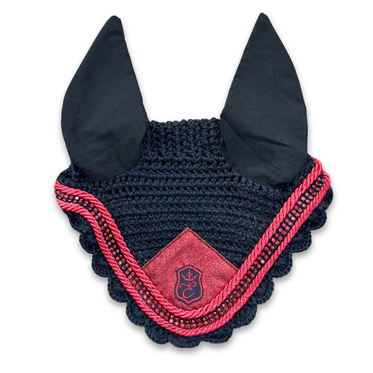 Crimson Red Fly Hat by Southlake Paws featuring a crochet design with black ears and decorative red trim.