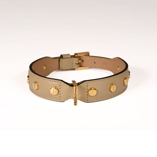 Leather Dog Collar in Mud - Stud Screw, Made in Italy