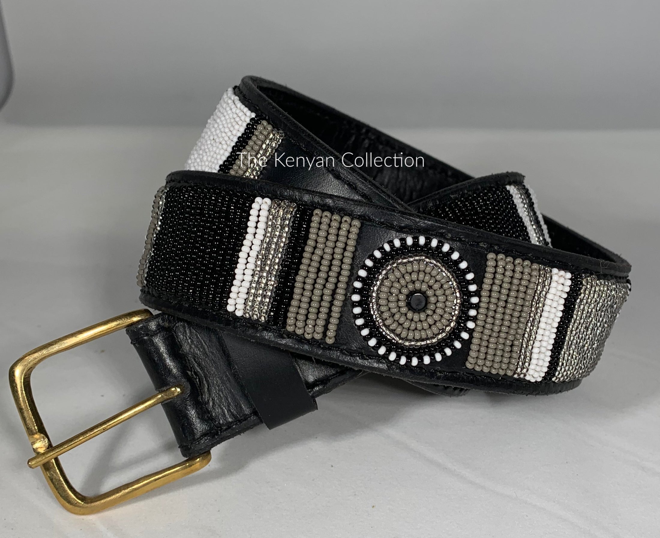 Wide-width TKC Shades of Grey Belt by Southlake Paws featuring a brass buckle and intricate beadwork in grey and black.