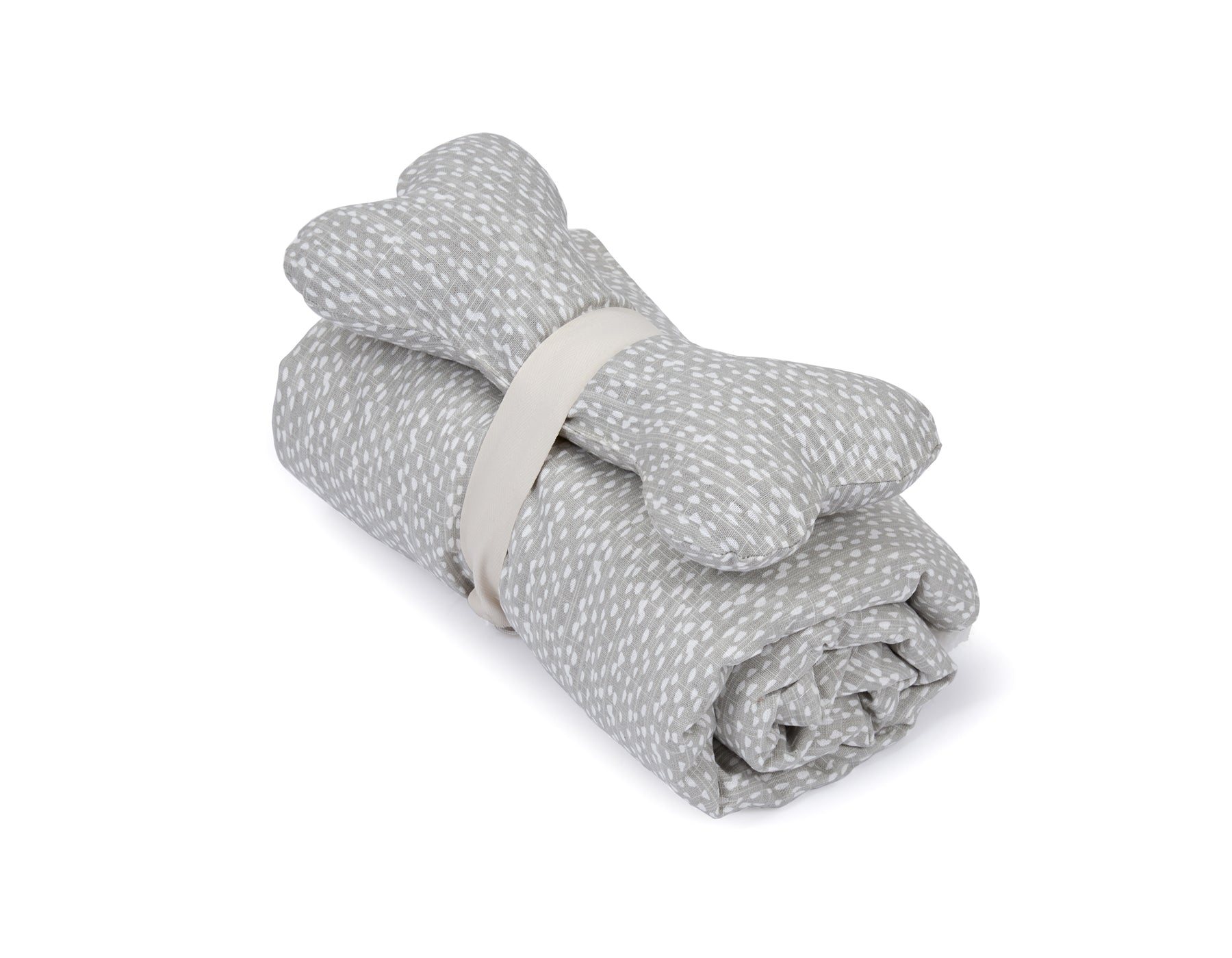 Southlake Paws Blanket and Bone Toy Set in Dottie Grey, featuring a rolled blanket and a bone-shaped toy.