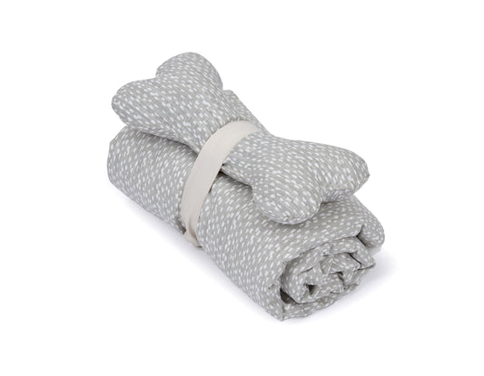 Southlake Paws Blanket and Bone Toy Set in Dottie Grey, featuring a rolled blanket and a bone-shaped toy.