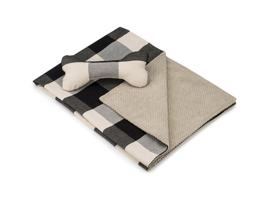 Southlake Paws Buffalo Black Blanket and Toy Bone set featuring a checkered blanket and a bone-shaped toy.