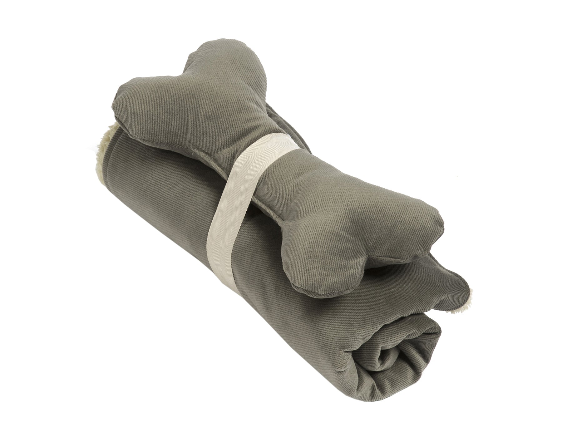 Southlake Paws Blanket and Bone Toy Set in graphite, featuring a rolled blanket with a plush bone toy on top.