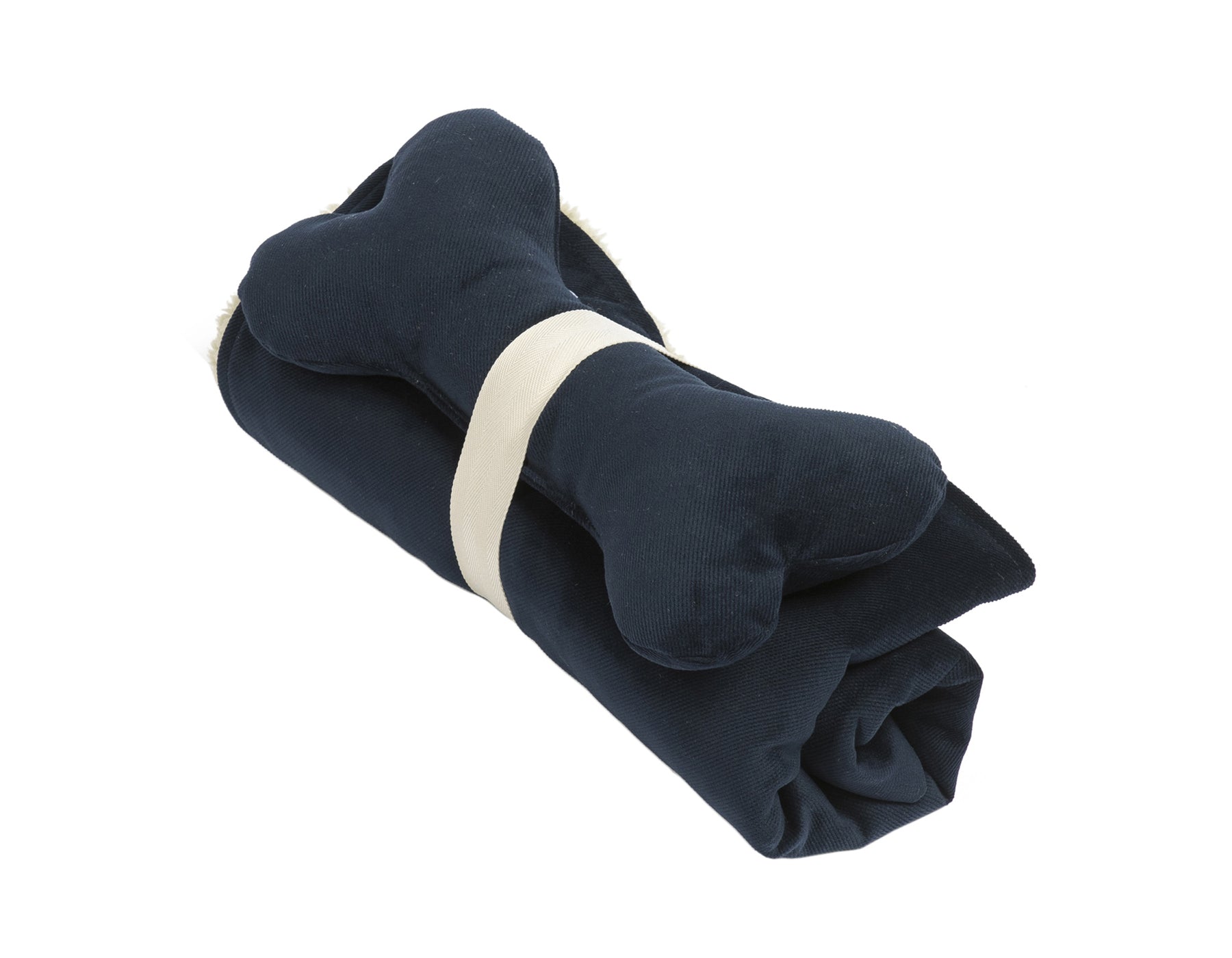 Southlake Paws Blanket and Bone Toy Set in Spa Ink, featuring a rolled navy blanket and a plush bone toy.