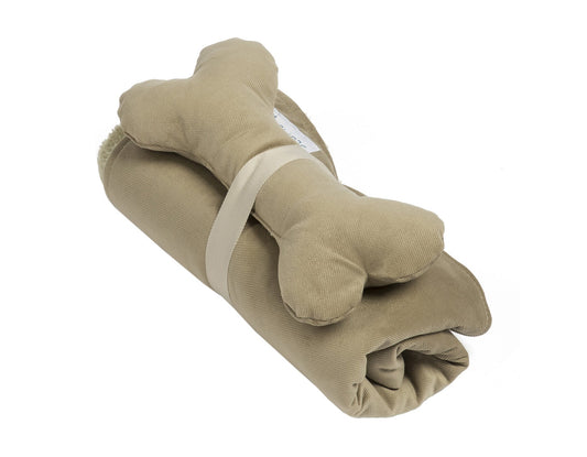 Southlake Paws Blanket and Bone Toy Set in Pecan color, featuring a rolled blanket and a plush bone toy.