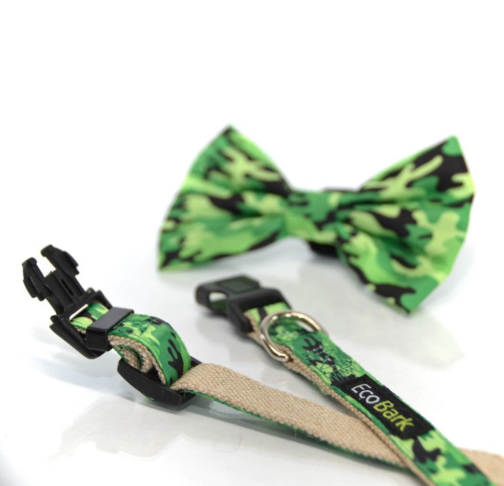 EcoBark Camo Bow Tie Dog Collar featuring a camouflage print in green and black, with a sturdy buckle and adjustable strap.