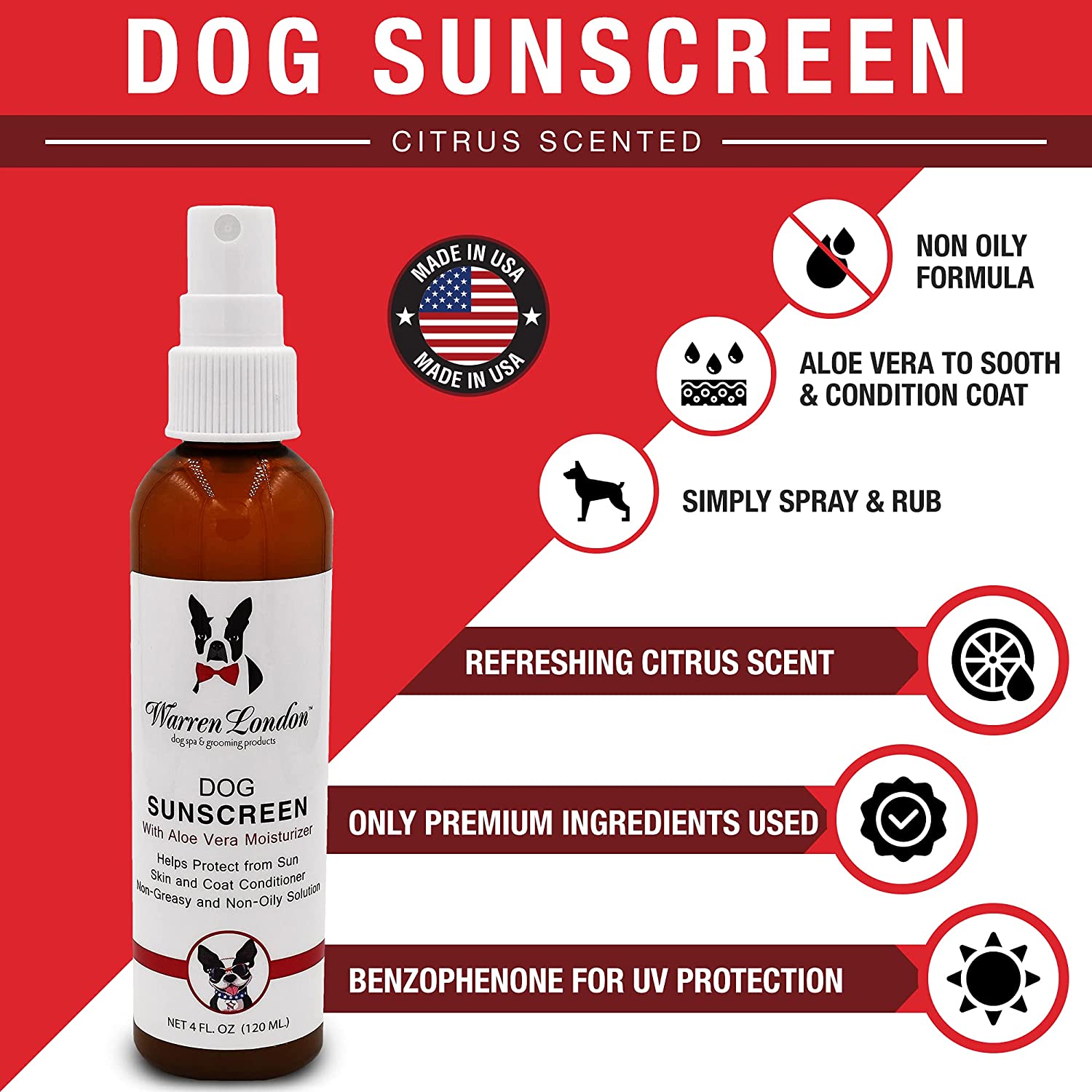 Southlake Paws Dog Sunscreen with Aloe Vera Moisturizer in a spray bottle, featuring a citrus scent and UV protection details