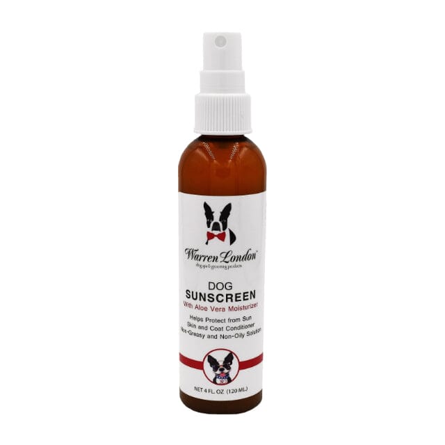 Dog sunscreen with aloe vera moisturizer in a brown spray bottle. Protects skin and coat from sun damage. 4 fl oz.