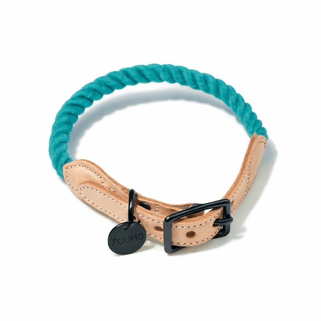 Teal Up-Cycled Rope Cat & Dog Collar – Matte Black Hardware