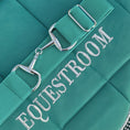 Load image into Gallery viewer, Teal elastic equestrian belt by Southlake Paws featuring silver hardware and embroidered "EQUESTRIAN" text.

