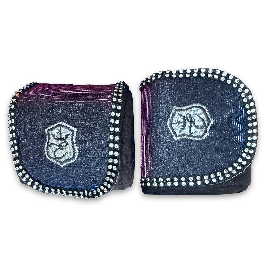 Ultraviolet Polo Wraps by Southlake Paws, featuring a sleek black design with sparkling embellishments and logo.