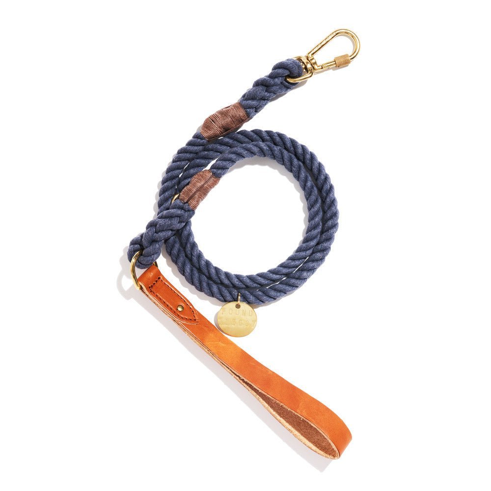 Standard 5ft Leads Premium Up-Cycled Blue Jean Rope Leash, Standard Tan Leather Handle