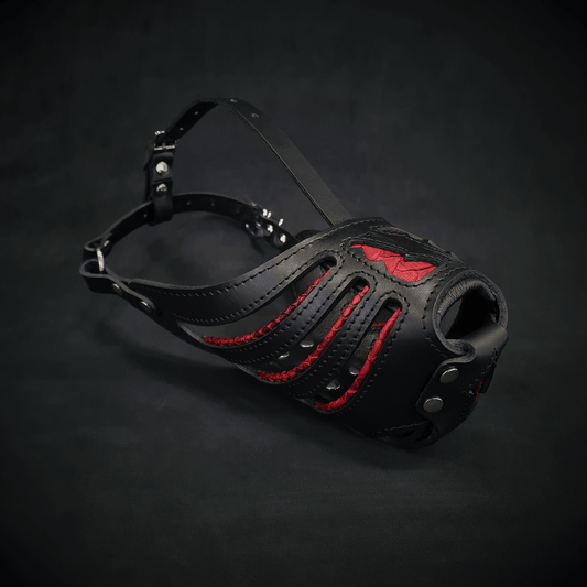 The ''Red Dragon'' basket muzzle by Bestia Dog Gear