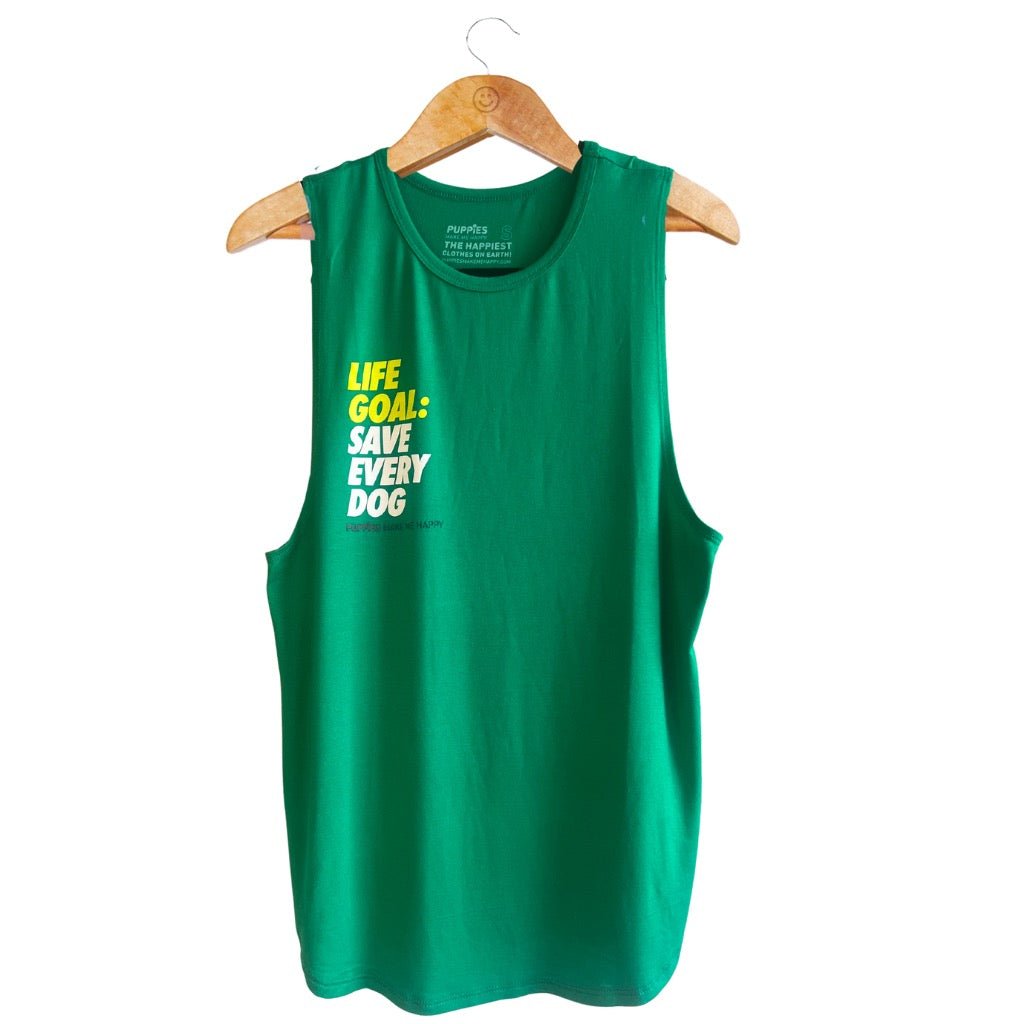 Green women's relaxed tank top featuring the text "LIFE GOAL: SAVE EVERY DOG," made in the USA by Southlake Paws.
