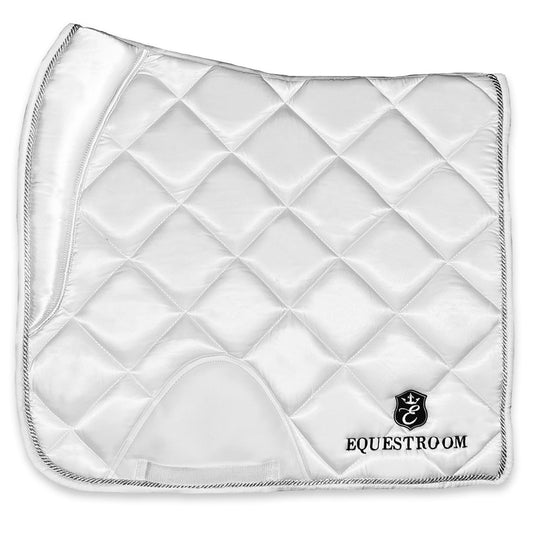 White quilted saddle pad with a diamond pattern and black trim, featuring the Equestrium logo. Ideal for equestrian use.