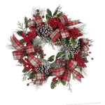 Kurt Adler 24-Inch Flocked Decorated Unlit Rattan Wreath with Plaid Bow and Holly Berry