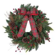 Kurt Adler 24-Inch Decorated Unlit Green Wreath with Bow, Holly Berrys and Cones