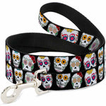 Dog Leash - Sugar Skull Outline Black/Multi Color